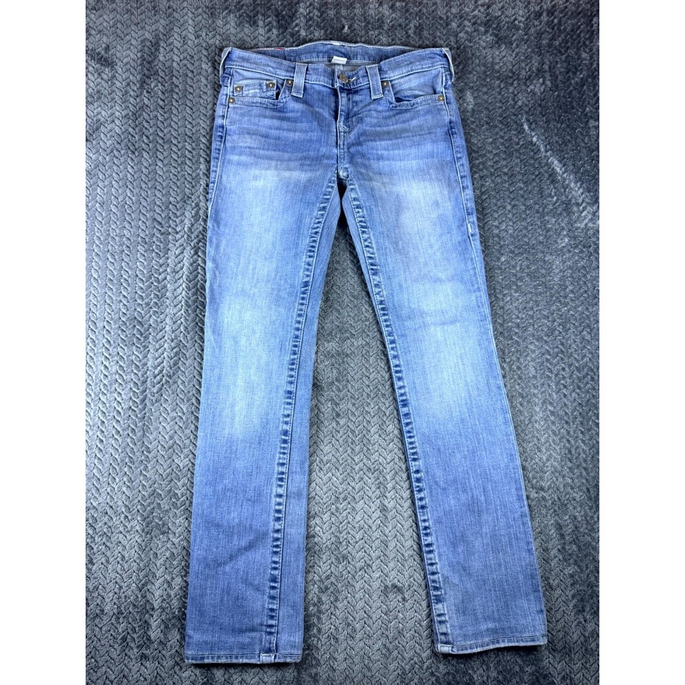 True Religion Jeans Womens 28 Blue Denim Light Wash Straight World Tour Logo